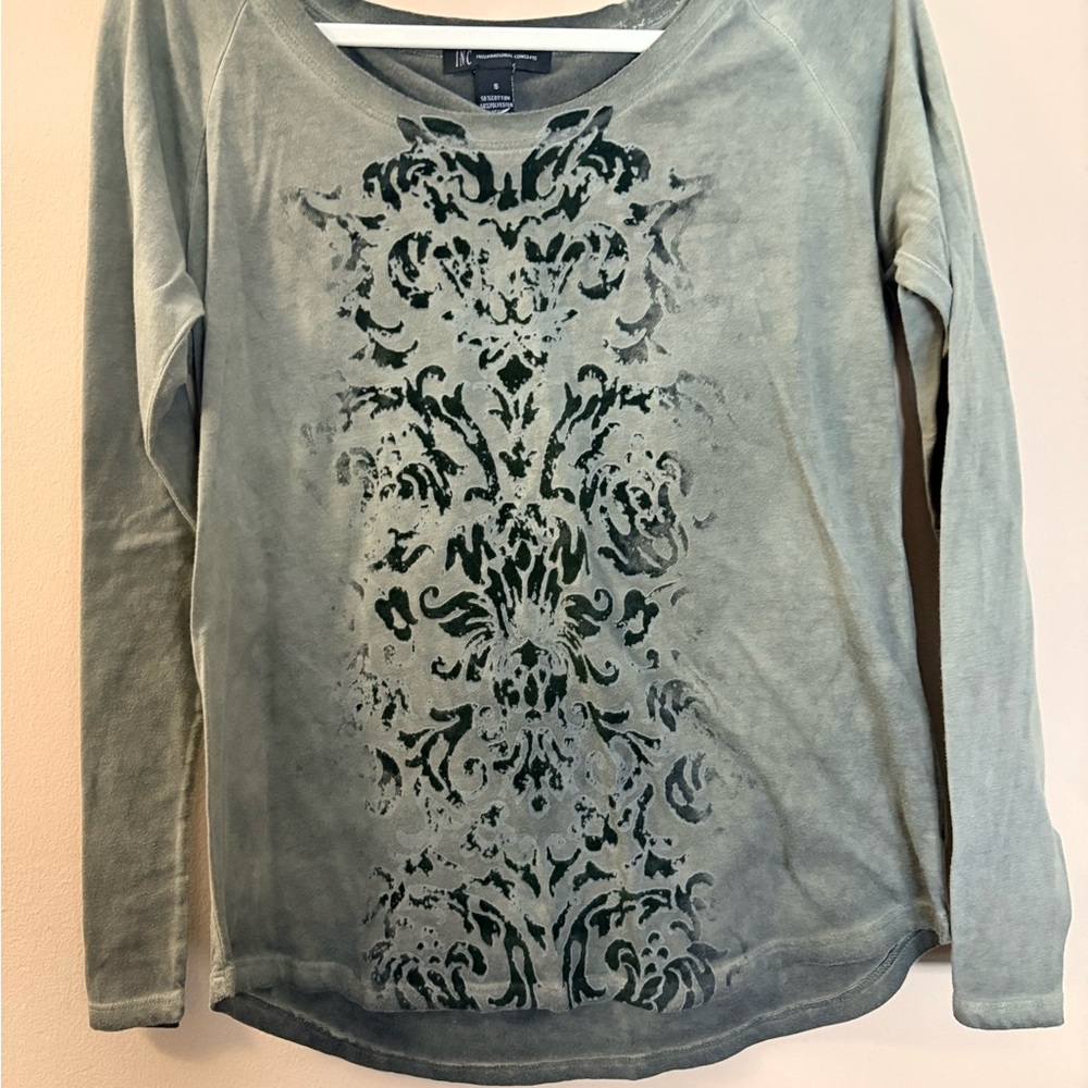 INC Women's Green Long Sleeve Top scroll design
